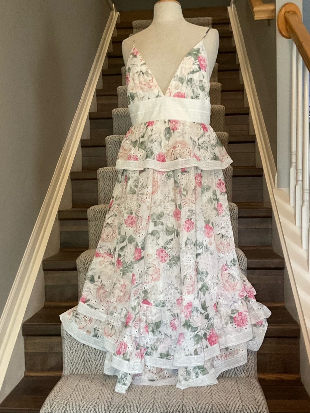 Gianni Bini White Floral Eyelet Maxi Dress with Pink & Green Print